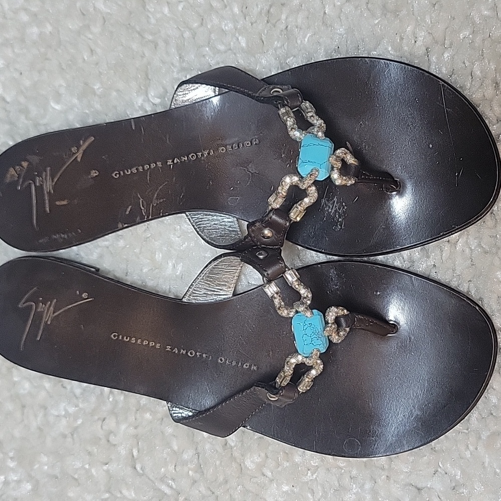 GIUSEPPE ZANOTTI Brown And  Bling Horseshoe And Turquoise Thong Slides Size 37 - Picture 9 of 15